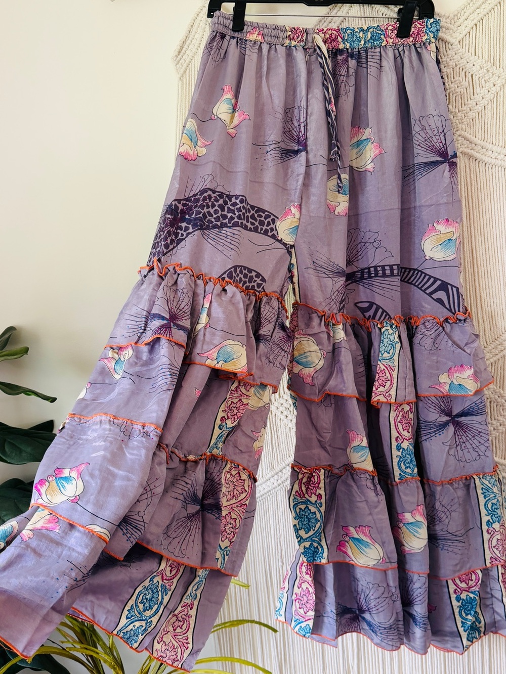 Wild Child Palooza Floral Pastel Wide Leg Tiered Ruffle Silk Pants OS 3X & Under